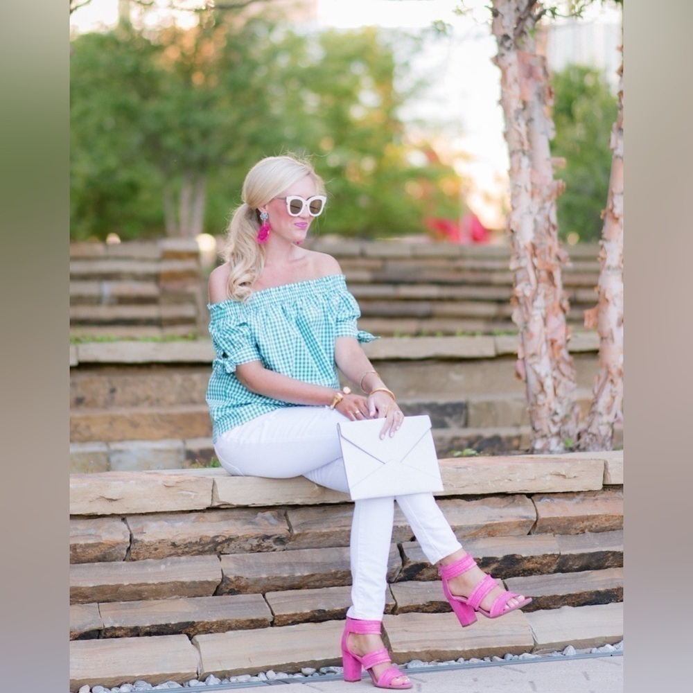 J Crew Green Gingham Blouse 16 Tall Tie Sleeves Off Shoulder Preppy Summer Top